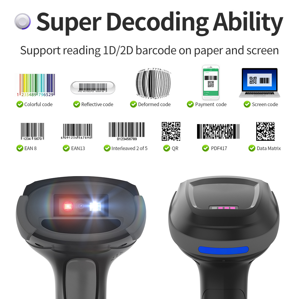 The 1500 barcode scanner can recognize various types of barcodes
